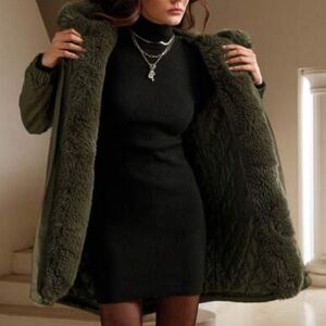 Suede Like Faux Fur Dark Green Hooded Jacket NWT Size XXL